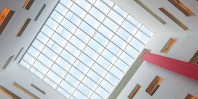 upwards shot of a skylight window in a building