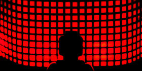 abstract red square shapes and silhouette of a lego minifigure