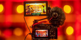closeup of a video camera capturing video