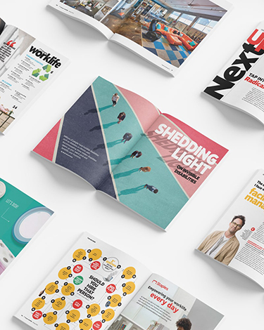 a collection of magazine spreads arranged in a diagonal pattern