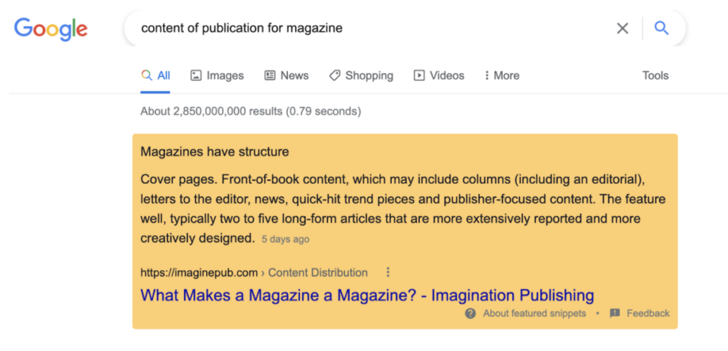 The featured snippet for the search query “content publication for a magazine” is provided in the form of a box at the top of search results.