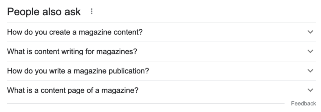 People also ask box for creating magazine content.