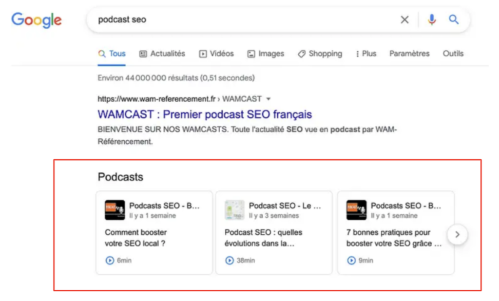 A search engine results page (SERP) feature displaying podcasts in search results.